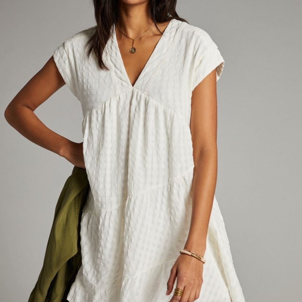 Anthropologie Maeve Juliet Tiered Tunic White Textured V-Neck Dress 1X